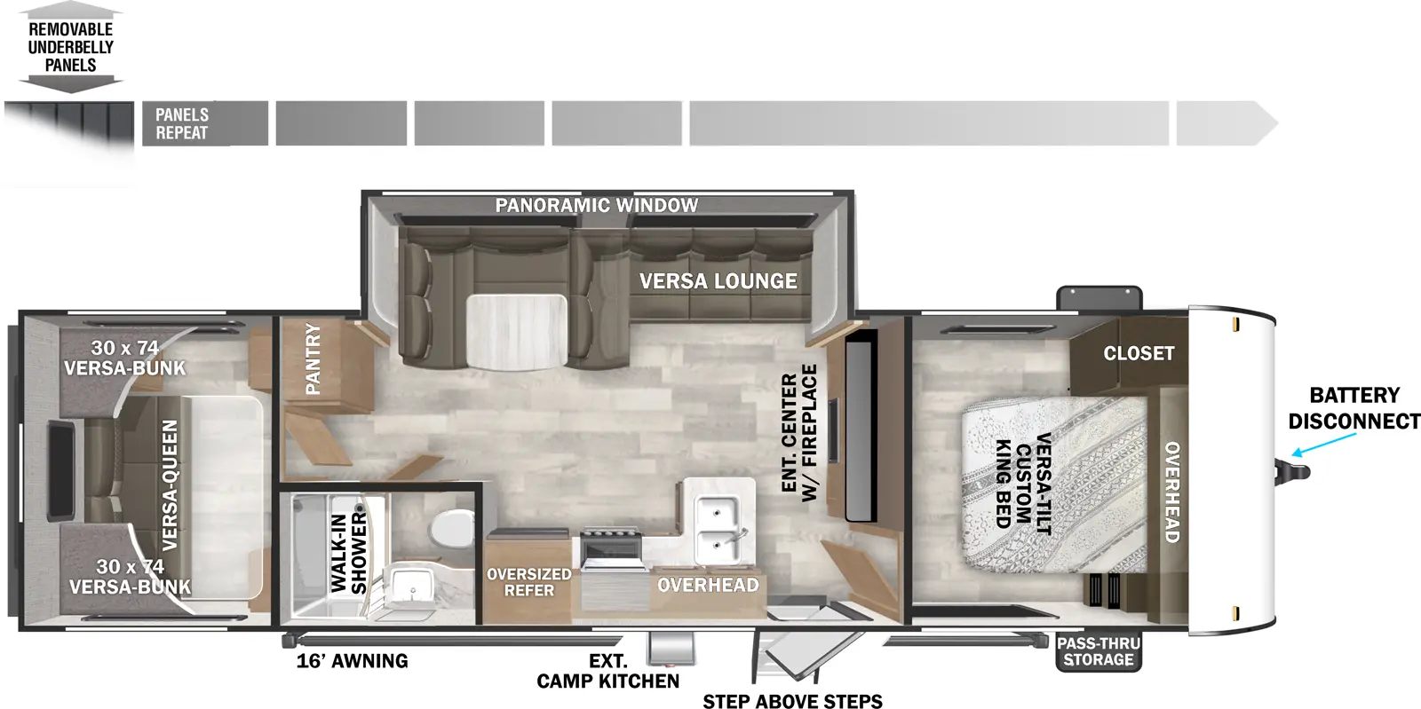 The X-Lite 28VBXL has one entry and one slide out. Exterior features include: metal exterior, 16' awning and outside kitchen. Interiors features include: bunk beds, u-dinette and front bedroom.